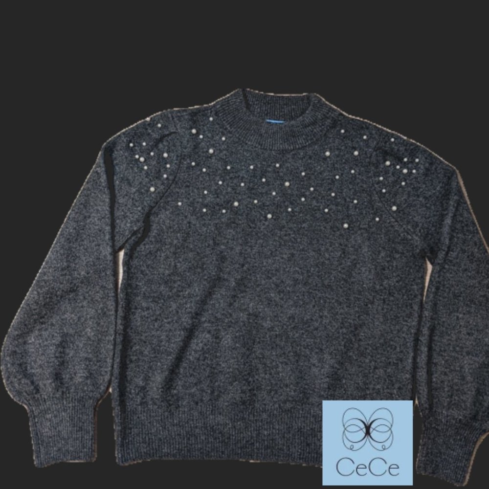 CeCe Gray Sweater with Pearl Embellishments M